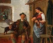 Gustav Eberlein Die Dackelfamilie mit Jager und Magd oil on canvas
